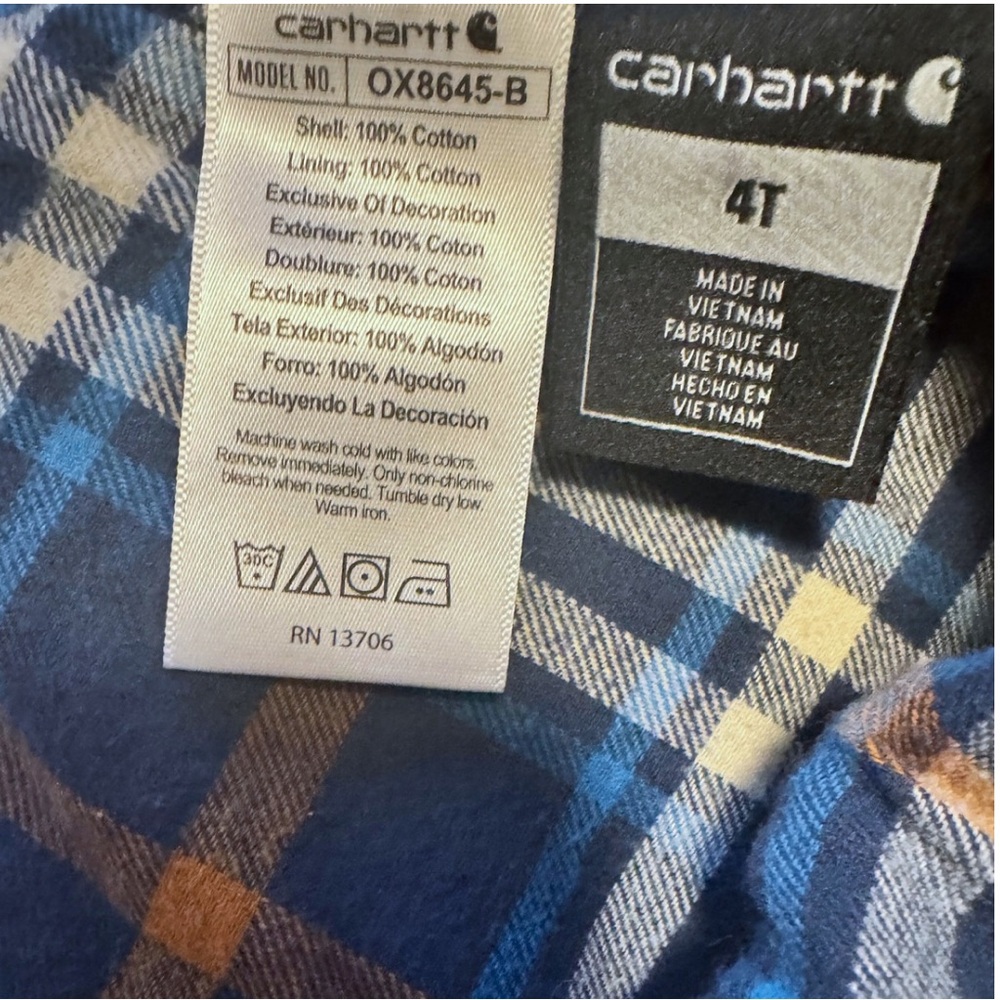 Carhartt Kids Cozy Duck Canvas Lined Overalls 4T Brown Plaid Flannel Winter Bibs - Picture 2 of 4